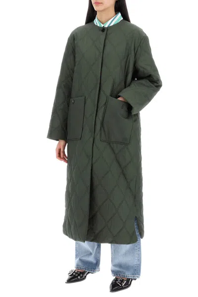 Shop Ganni Quilted Midi Coat In Verde