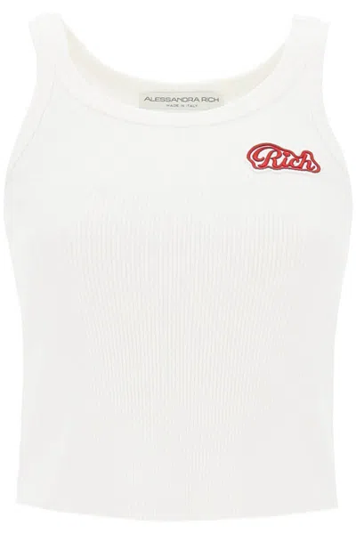 Shop Alessandra Rich Ribbed Tank Top With Logo Patch In Bianco