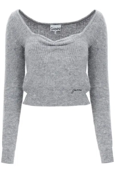 Shop Ganni Sweater With Sweetheart Neckline In Grigio