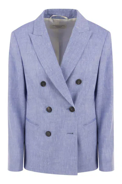 Shop Peserico Wool And Linen Canvas Double-breasted Blazer In Blue