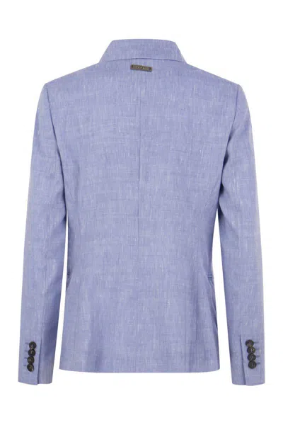 Shop Peserico Wool And Linen Canvas Double-breasted Blazer In Blue
