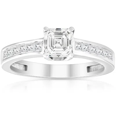 Pompeii3 1ct Asscher Cut Moissanite & Princess Cut Diamond Engagement Ring 14k White Gold In Multi