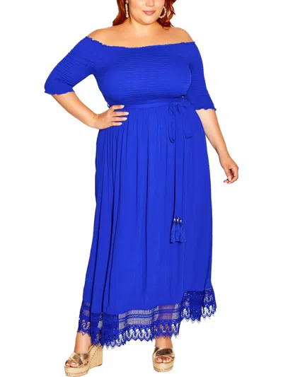 Shop City Chic Plus Mika Womens Off-the-shoulder Lace Trim Maxi Dress In Blue