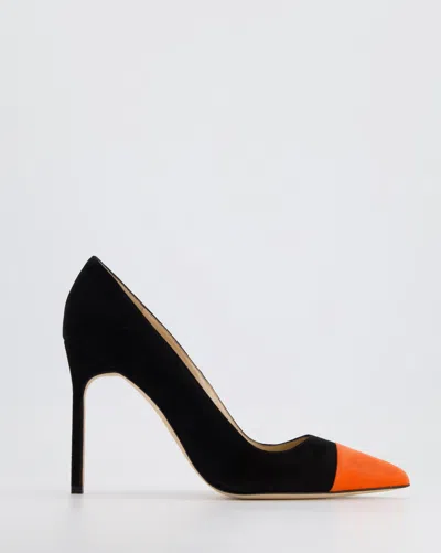 Shop Manolo Blahnik Suede Stiletto Heels With Pointed Toe Detail In Orange