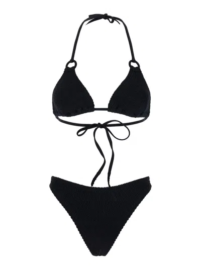 Shop Hunza G 'eva' Black Bikini With Ring Details In Ribbed Stretch Polyamide Woman