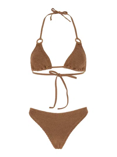 Shop Hunza G 'eva' Brown Bikini With Ring Details In Ribbed Stretch Polyamide Woman