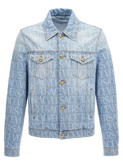 Shop Versace ' Allover' Denim Jacket In Blue
