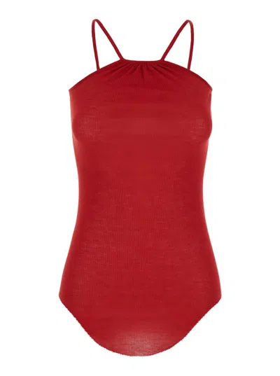 Shop Rick Owens 'skorpio' Red Tank Top With Halterneck In Ribbed Silk Blend Woman