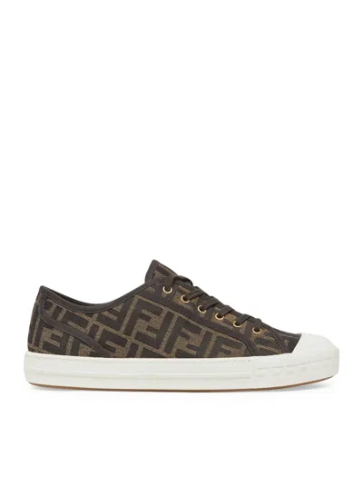 Fendi Low-top Sneakers With Monogram Pattern And Gold-tone Accents In Brown