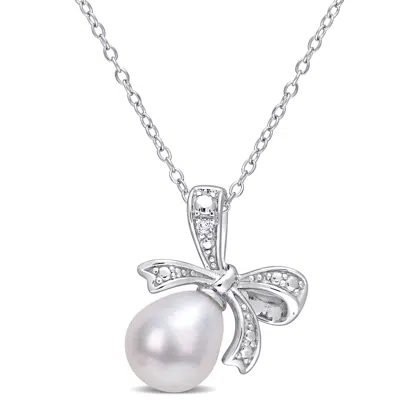 Mimi & Max 8.5-9mm Cultured Freshwater Pearl And Diamond Accent Bow Necklace In Sterling Silver In Silver