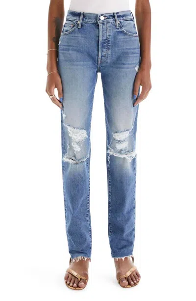 Shop Mother The Trickster Skimp Fray Stretch Slim-fit Jeans In Thrill Seeker In Blue