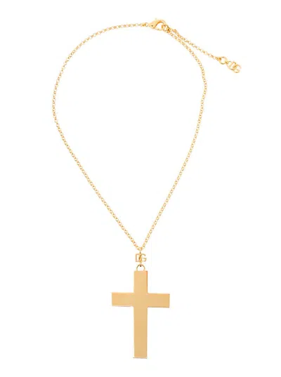 Shop Dolce & Gabbana Gold Tone Necklace With Cross Pendant In Brass Woman In Grey