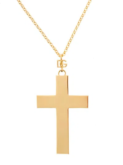 Shop Dolce & Gabbana Gold Tone Necklace With Cross Pendant In Brass Woman In Grey