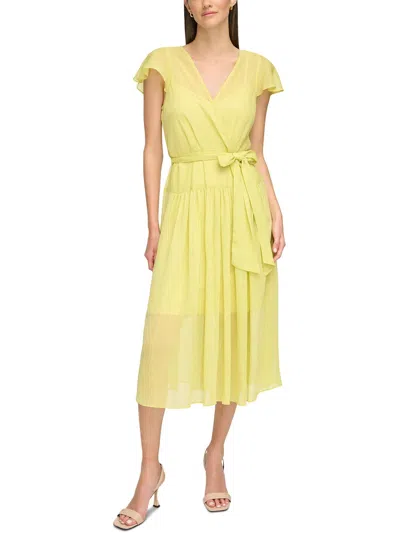 Shop Calvin Klein Womens Metallic Chiffon Wrap Dress In Yellow