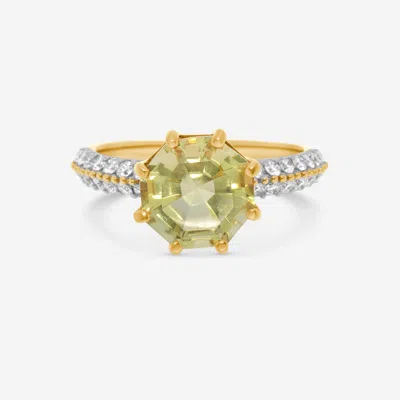 Shop Superoro 14k Yellow Gold, Octagonal Lemon Topaz And Diamond Gemstone Ring 60258 In Orange