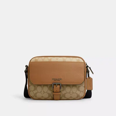 Shop Coach Outlet Hudson Crossbody Bag In Colorblock Signature Canvas In Beige