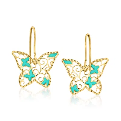Shop Ross-simons Italian Turquoise Enamel Openwork Butterfly Earrings In 14kt Yellow Gold In Blue