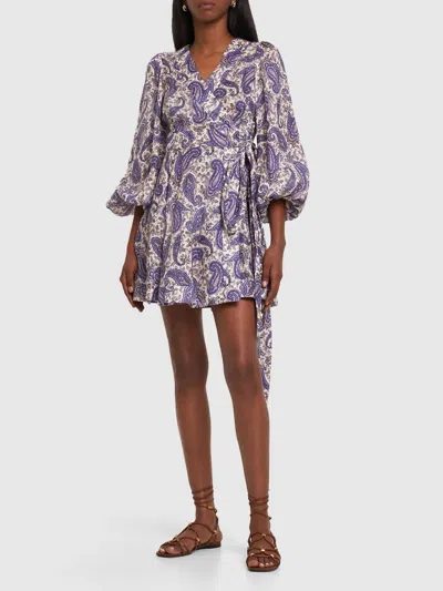 Shop Zimmermann Devi Printed Linen Wrap Mini Dress In Indigo/cream Paisley In Purple