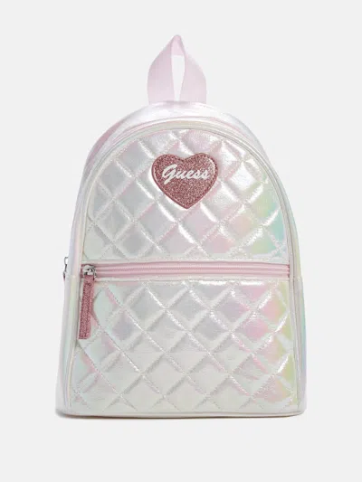 Shop Guess Factory Quilted Iridescent Heart Logo Backpack In White