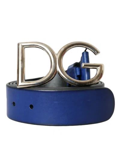 Shop Dolce & Gabbana Blue Leather Silver Metal Logo Buckle Belt Men's Men