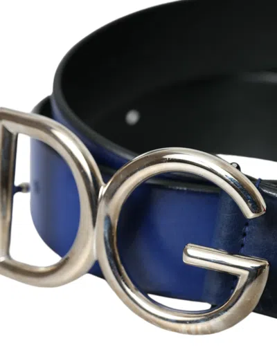 Shop Dolce & Gabbana Blue Leather Silver Metal Logo Buckle Belt Men's Men
