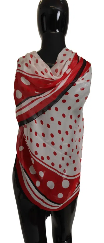 Shop Dolce & Gabbana Polka Dots Elegance Silk Shawl Wrap Women's Scarf In White And Red