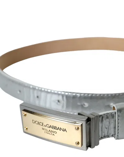 Shop Dolce & Gabbana Silver Leather Metal Logo Buckle Belt Men's Men