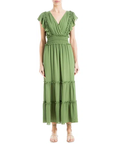 Shop Max Studio Crepe Flutter Sleeve V-neck Smocked Maxi Tiered Dress In Green