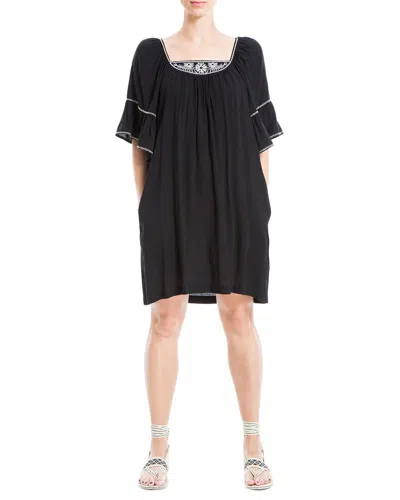 Shop Max Studio Embroidered Dobby Ruffle Sleeve Dress In Black