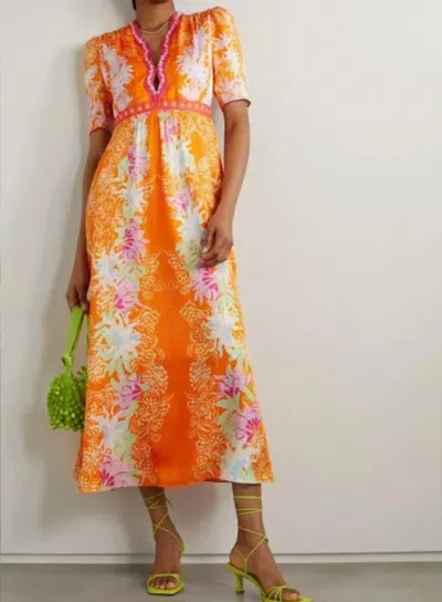 Shop Saloni Tabitha Dotty Satin Midi Dress In Maple Falls In Multi