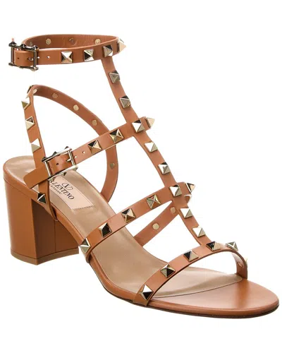 Shop Valentino Rockstud Caged 60 Leather Ankle Strap Sandal In Brown