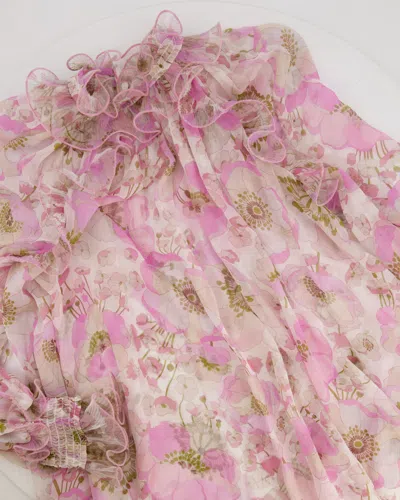 Shop Zimmermann Floral Silk Ruffle Long-sleeve Blouse In Pink