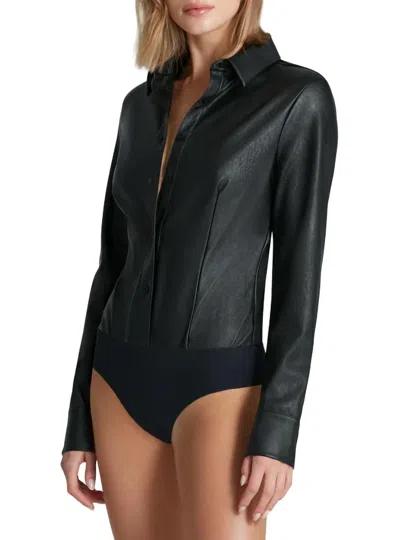 Shop Commando Faux Leather Button Down Bodysuit In Black