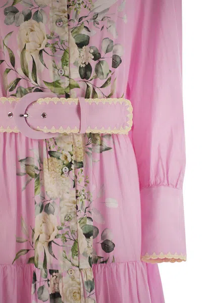 Shop Mc2 Saint Barth Long Cotton Dress With Floral Pattern In Pink