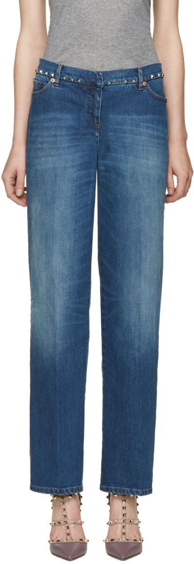 Valentino Blue Rockstud Mid Rise Kick Flare Jeans