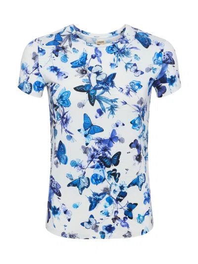 Shop L Agence Ressi Fitted Tee In White/blue Tonal Butterflies