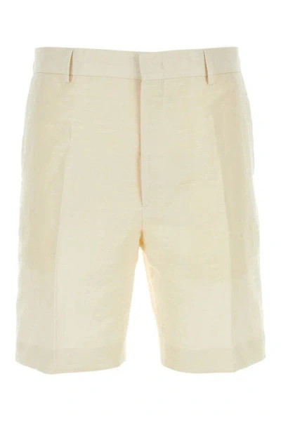 Shop Fendi Man Ivory Linen Bermuda Shorts In White
