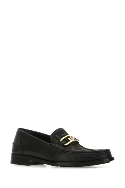Shop Fendi Man Multicolor Leather And Fabric Loafers In Black