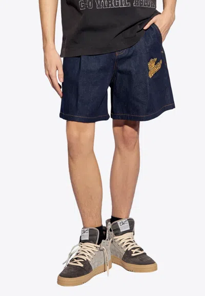 Shop Off-white 90's Logo Raw-denim Shorts In Blue