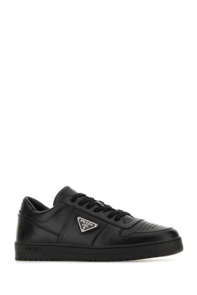 Shop Prada Man Black Leather Sneakers