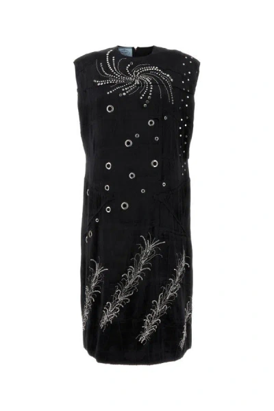 Prada Embroidered Georgette Sleeveless Dress In Black