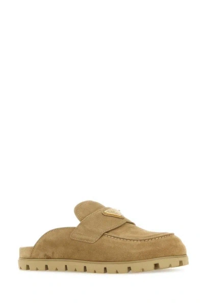 Shop Prada Woman Cappuccino Suede Slippers In Brown