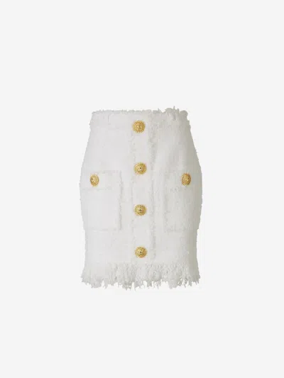 Shop Balmain Textured Mini Skirt In Extra Large Gold Button Detail