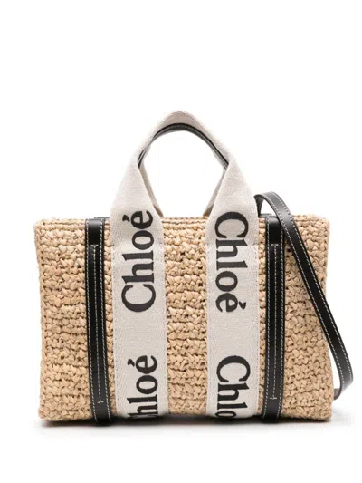 Shop Chloé Woody Small Tote With Strap In Beige