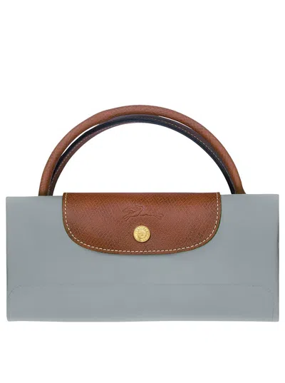 Shop Longchamp 'le Pliage Original' Grey Tote Bag With Embossed Logo And Leather Trim In Canvas Woman