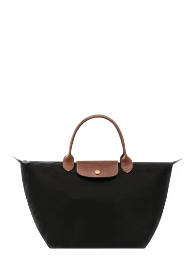 Shop Longchamp 'm Le Pliage Original' Black Shoulder Bag With Embossed Logo In Canvas Woman