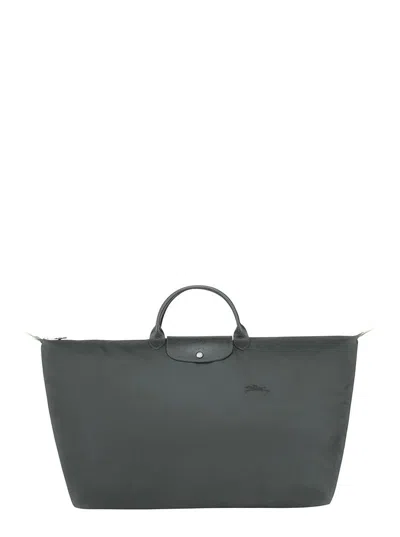 Shop Longchamp 'm Le Pliage' Grey Tote Bag With Embossed Logo In Recycled Canvas Woman
