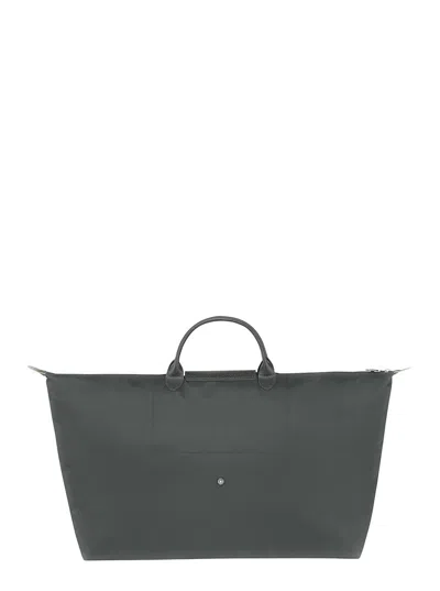 Shop Longchamp 'm Le Pliage' Grey Tote Bag With Embossed Logo In Recycled Canvas Woman