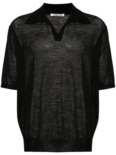 Shop Auralee Wool And Silk Blend Polo Shirt In Black