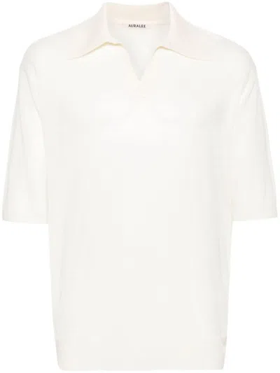 Shop Auralee Wool And Silk Blend Polo Shirt In White